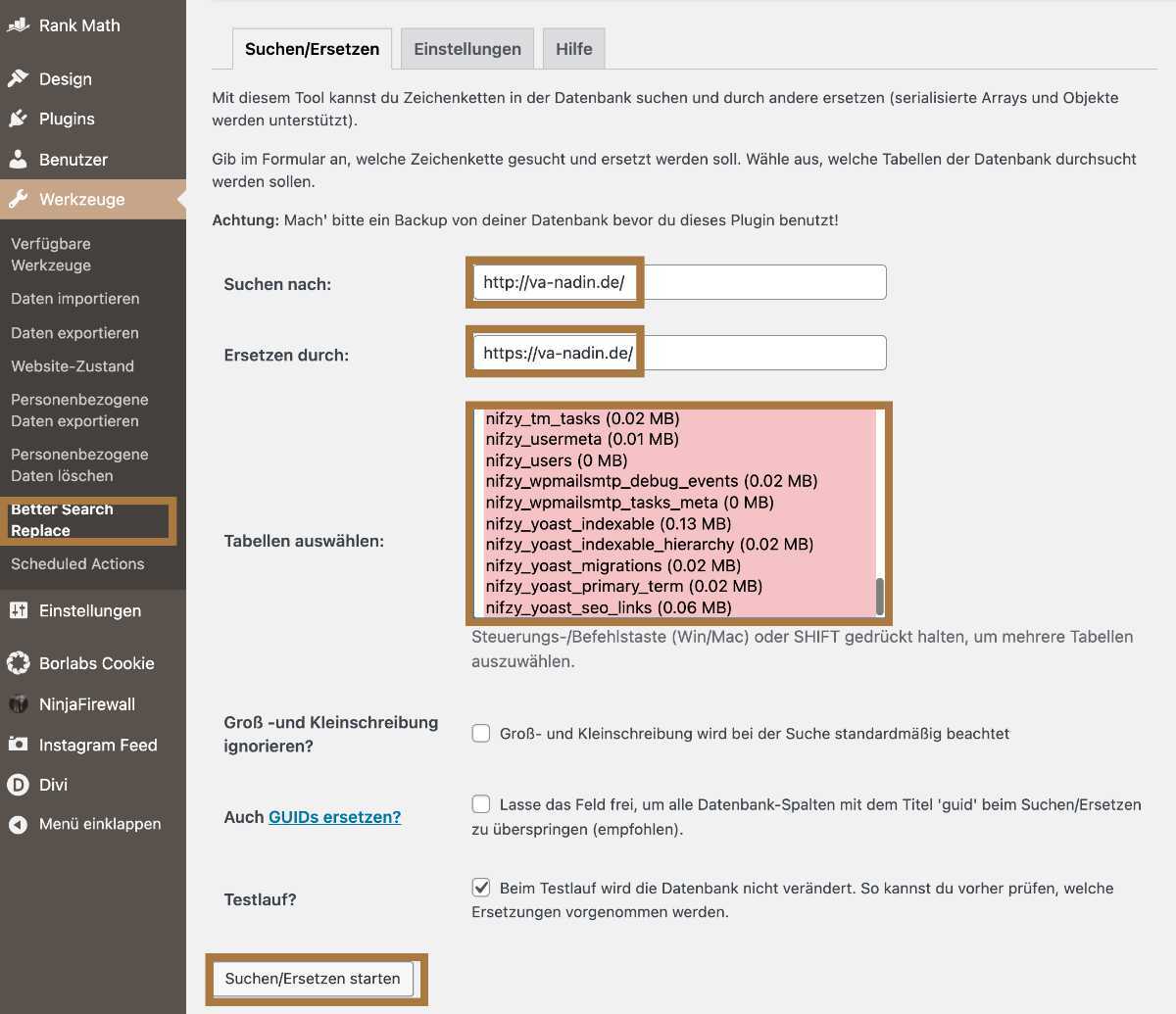 Plugin Better search replace einstellen